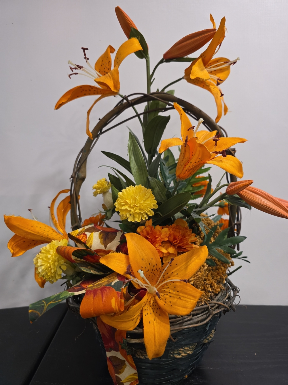 Woven Green Basket Floral Tiger Lily, Marigold, Mum Arrangement, Fall